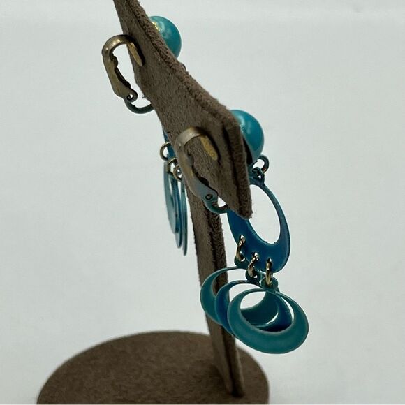 Vintage 1980s Blue Retro Dangle clip on metal Earrings - Picture 6 of 6